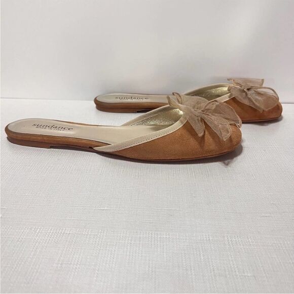 Sundance Karina Suede Mules Flats Slip On Gauze Sheer Bow Camel Tan 38 8 NEW - Picture 2 of 8